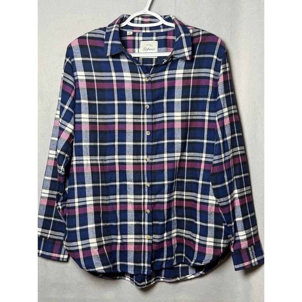 Jachs Girlfriend Womens Navy Blue Purple Plaid Rayon Button Down Shirt Medium